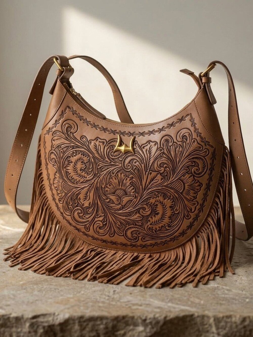 Western Lulella Hand tooled Leather Fringe Crossbody - Picture 8 of 8